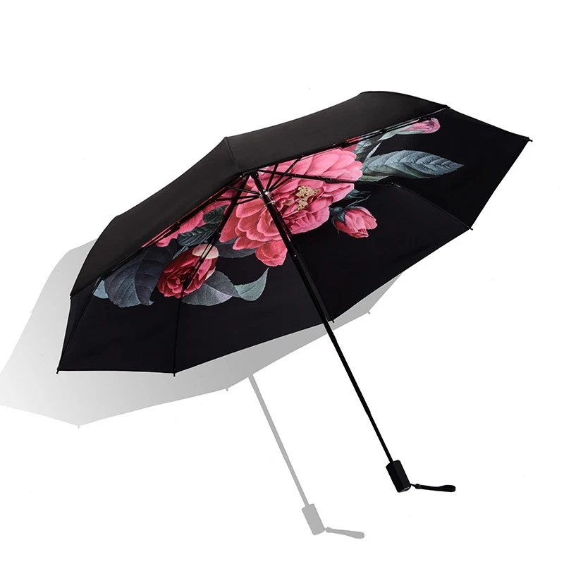 Fashion New High end Exquisite Ladies Three fold Style Umbrella Creative Camellia Fresh Anti UV