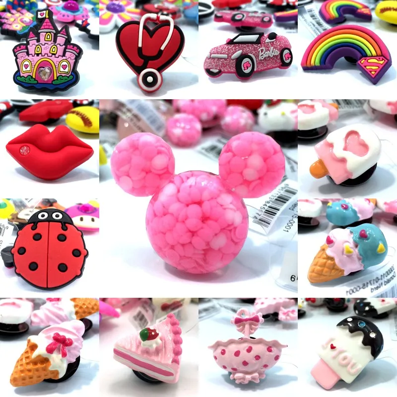 

10pcs High Imitation Shoe Charms Ice Cream Cake Ladybug Soccer Rainbow Lips Accessory Buckles fit Bracelets Croc JIBZ Kids Gifts