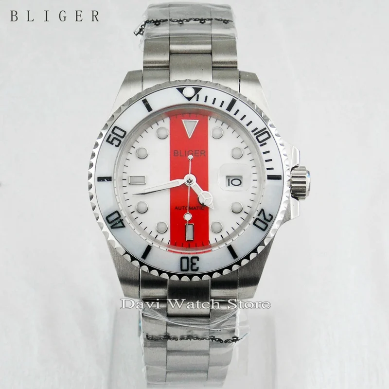 

40mm Bliger Luminous hands sapphire Ceramic Bezel automatic Date Day silver case strap mens watch