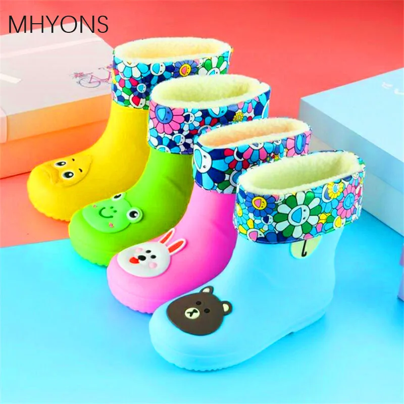 MHYONS 2019 Children's rain boots cartoon thick warm baby rain boots non-slip jelly solid color boys and girls water shoes