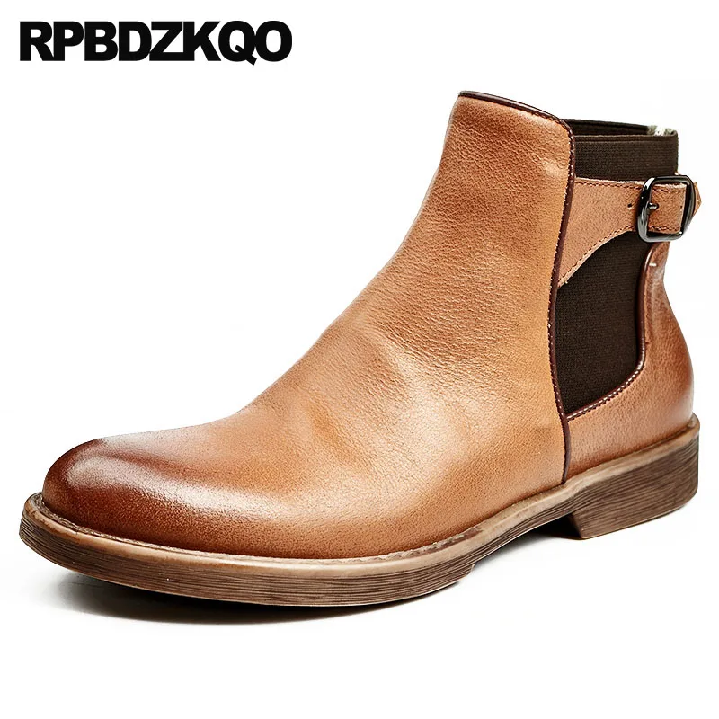 Grano De Hecha Vestido Zapatos Tobillo A Falsa Genuino Invierno Botas Marrón Completo Piel Caliente Hombre Negro Otoño Para Formal Chelsea Cuero Mano marrón Botines Retro HCdn506d