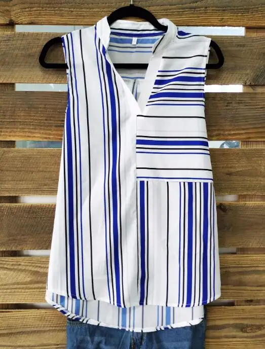 Blouse Top Hot Sale Regular Blusa Korean European Women's Free Shipping 2019 Summer Stitching Color Irregular V-neck Shir