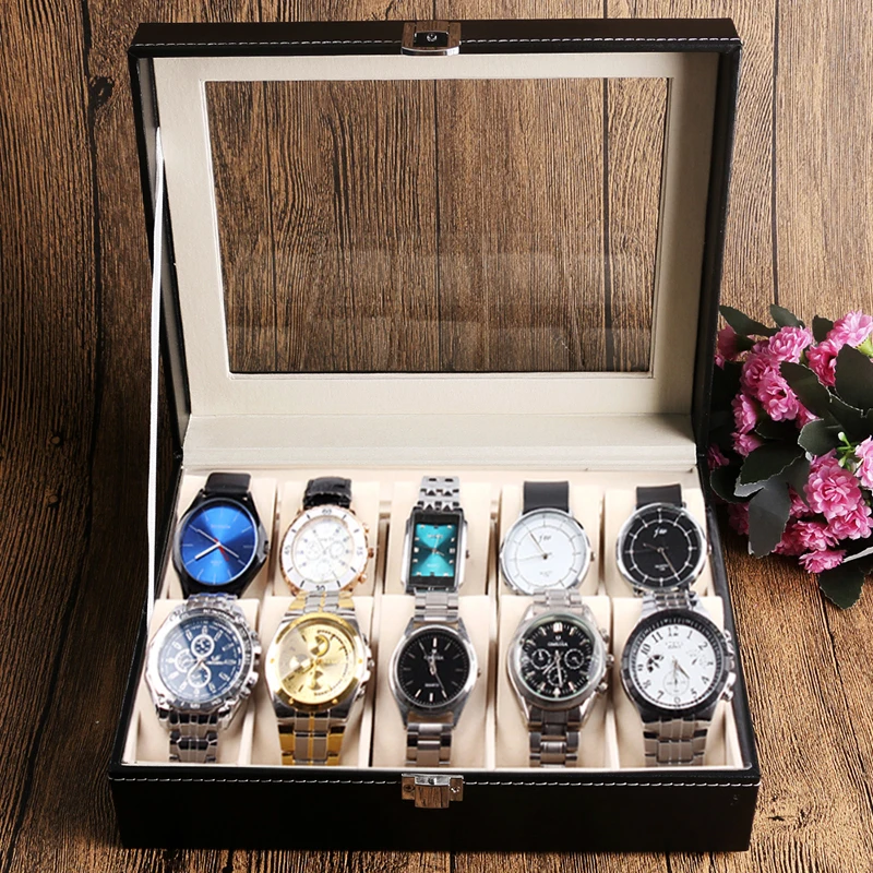 Модный витринный футляр-органайзер классическая черная кожаная коробка для часов пены подушки высокого качества подарочные коробки caja de reloj
