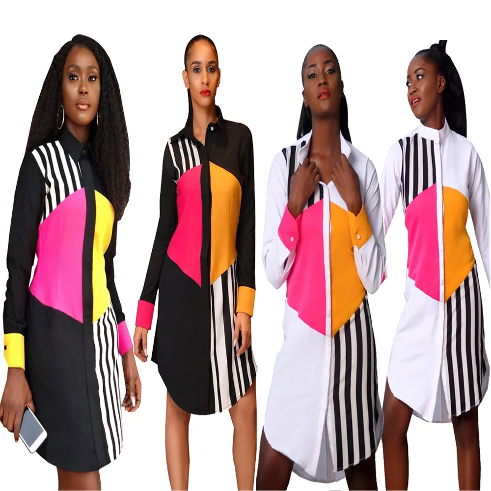 

2019 women summer stripes circle splicing long sleeve knee length dress blouses knee length fashion dresses outfit S-2XL HM6087