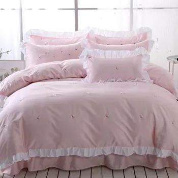 

2018 Pink Egyptian cotton Bedding Set Quilt Cover queen King Size girls duvet cover Set white Bedclothes 4pcs