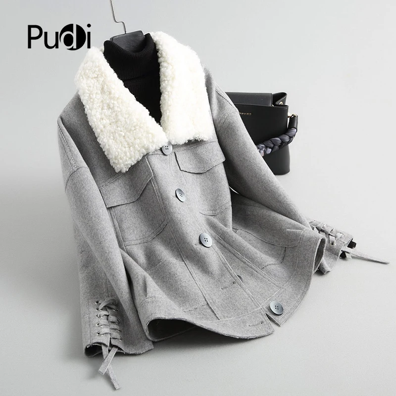 

PUDI A38021 2018 Women Fall/Winter new fashion wool jacket wool fur collar lady's long style pocket leisure wool coat