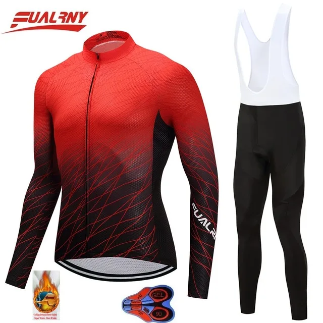 

Long sleeve Ropa Ciclismo Cycling Jersey set 9D gel winter Thermal Fleece Clothing Red and black collocation 2018 Team FUALRNY