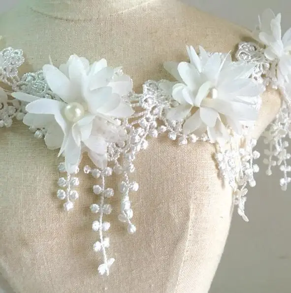 Lace Fabric Chiffon Fabric Chiffon Lace Fabric Lace Decoration Lace Accessories 1 Yard/Lot 8.5cm Off White 3D Chiffon Rose Lace Fabric Flower with Pearl Wedding Deco Fringe Lace Trim DIY Craft