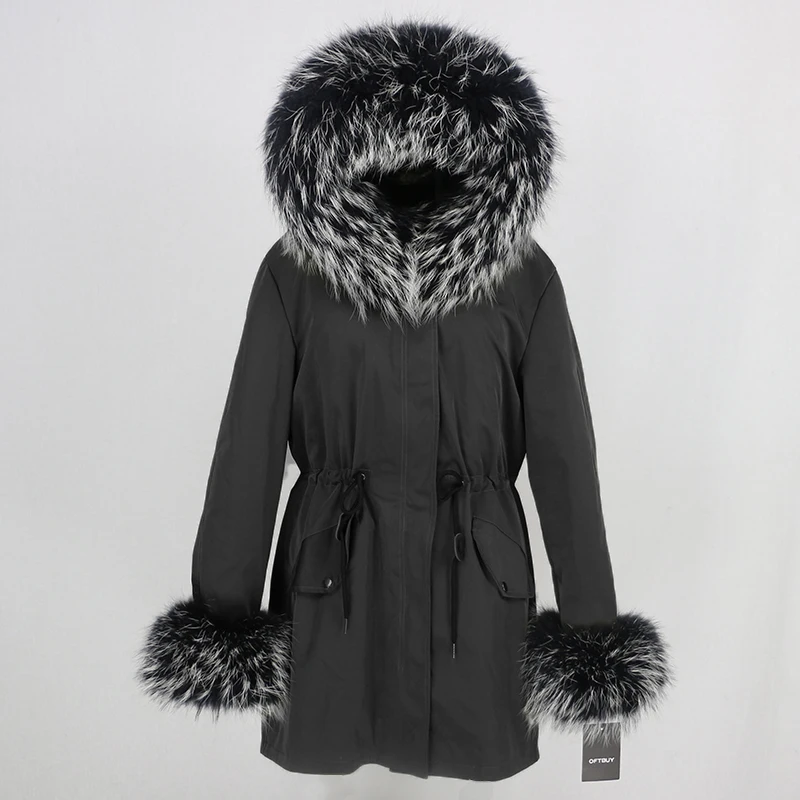 OFTBUY, пальто с натуральным мехом, зимняя куртка, Женская длинная парка, воротник из натурального меха енота, капюшон, Толстая теплая водонепроницаемая верхняя одежда, съемная - Цвет: black black W