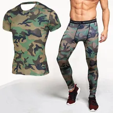 Mens Sets Bodybuilding Camouflage Compression Shirts and Leggings Crossfit Exercise Workout Skin Tight T Shirt Brand Clothing