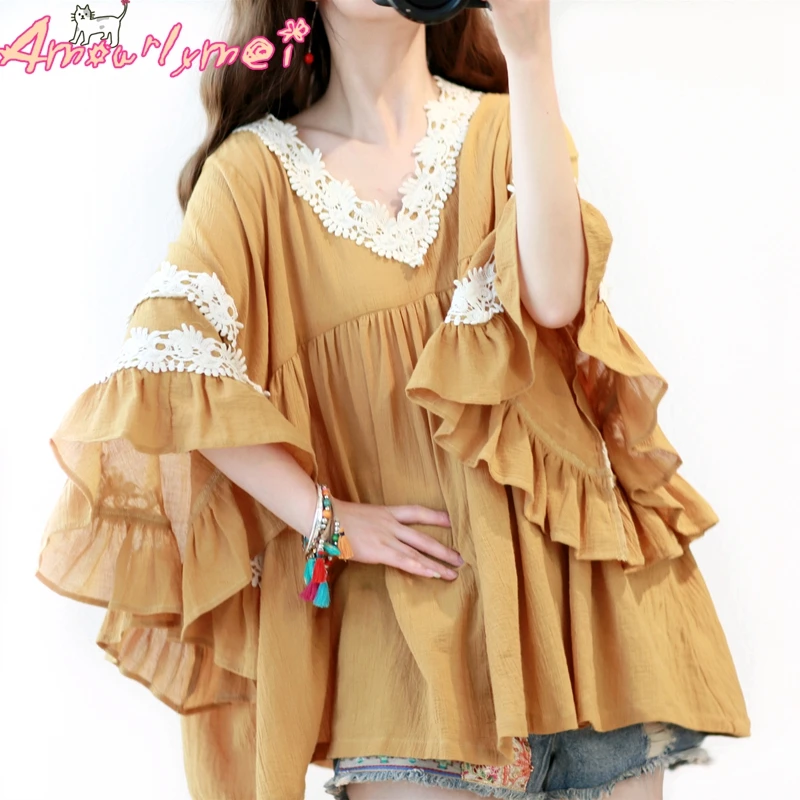 

Bohemia V-neck Ruffles Flare Sleeve Lace Cotton Linen Casual Loose Blouse Mori Girl 2019 Summer Women Shirt Tops Yellow