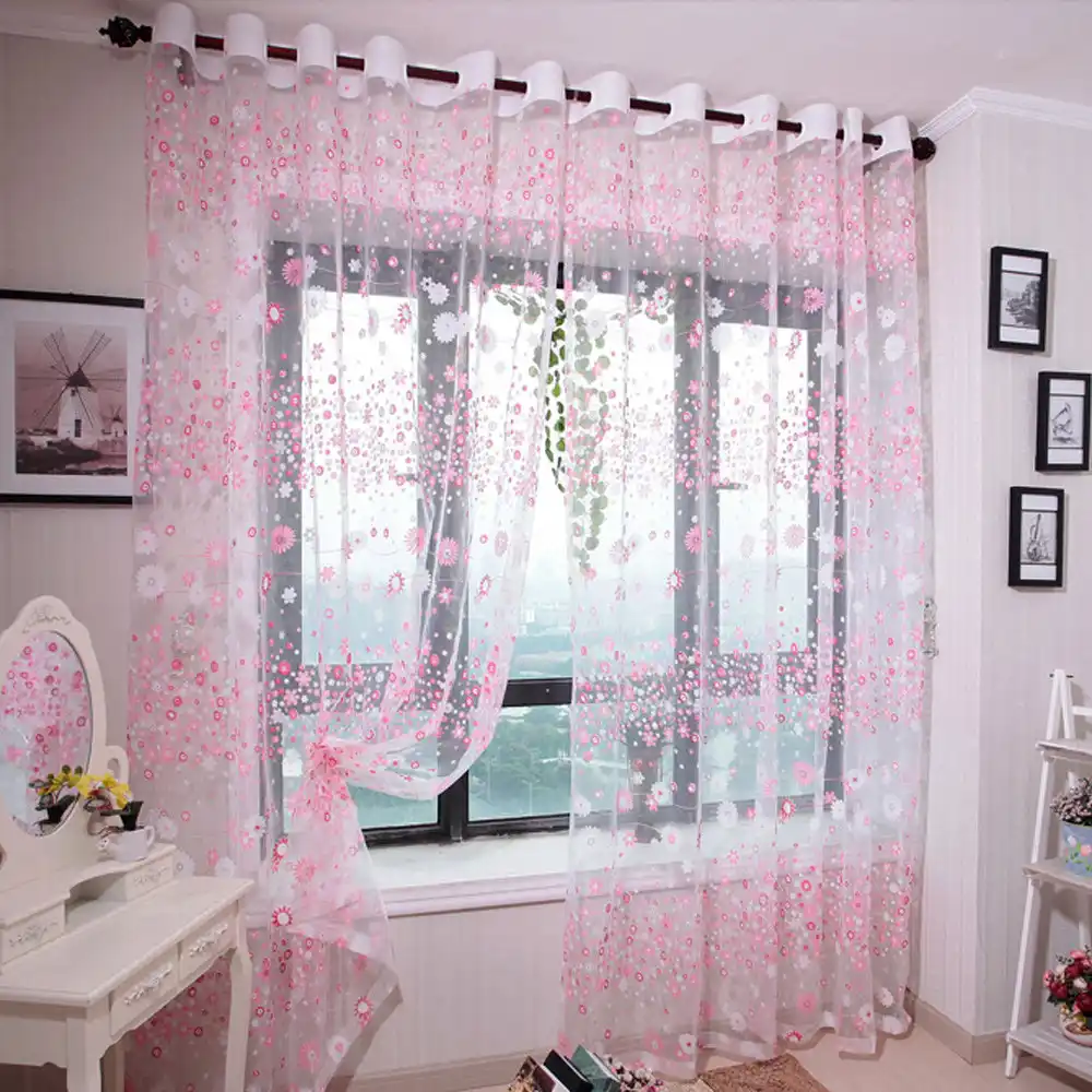 Flower Curtains Window Voile Fabric Sheer Tulle Treatment Drape