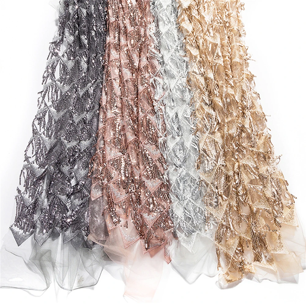

PanlongHome 1 Meter/lot European And American Style Sequins Tassel Fringe Mesh Beaded Fabric DIY Embroidery Dress Fabric