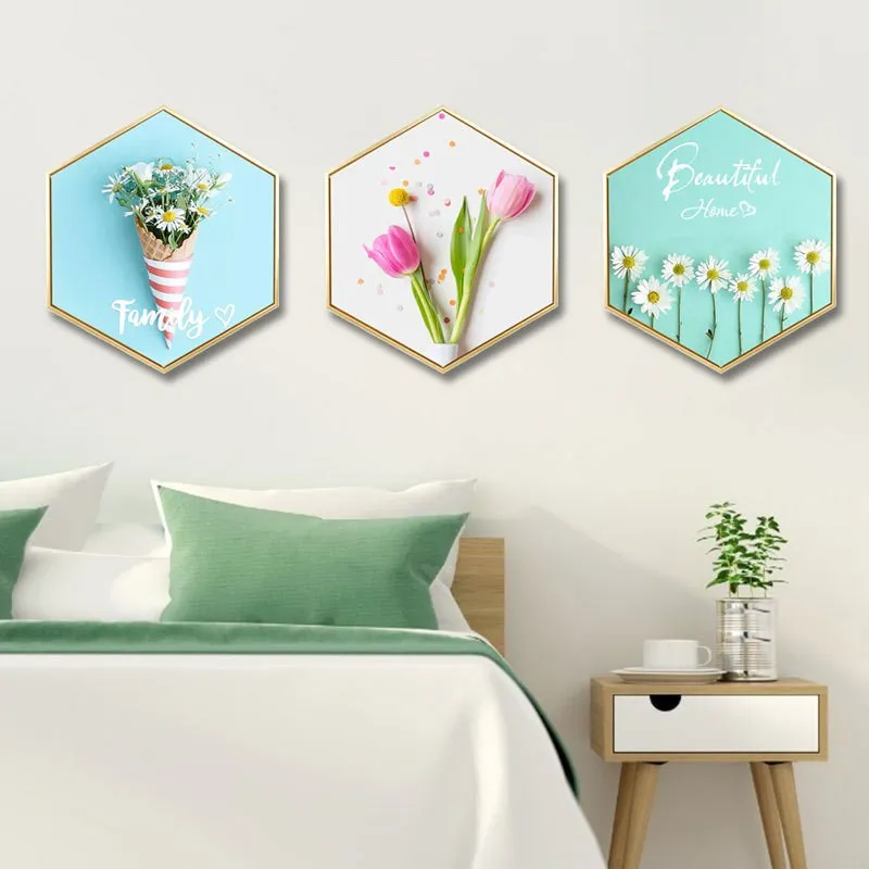 

Nordic INS living room simulation flower abstract style decorative mural hexagon creativity Hotel sofa background wall paintings