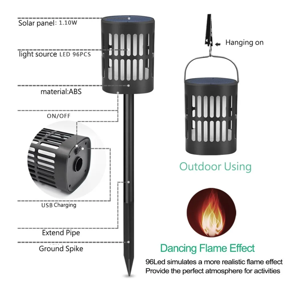 2 шт. фонарь на солнечных батареях огни мерцающие танцы пламя подвесные фонари на солнечных батареях и зарядка через usb огни пламени наружная вода