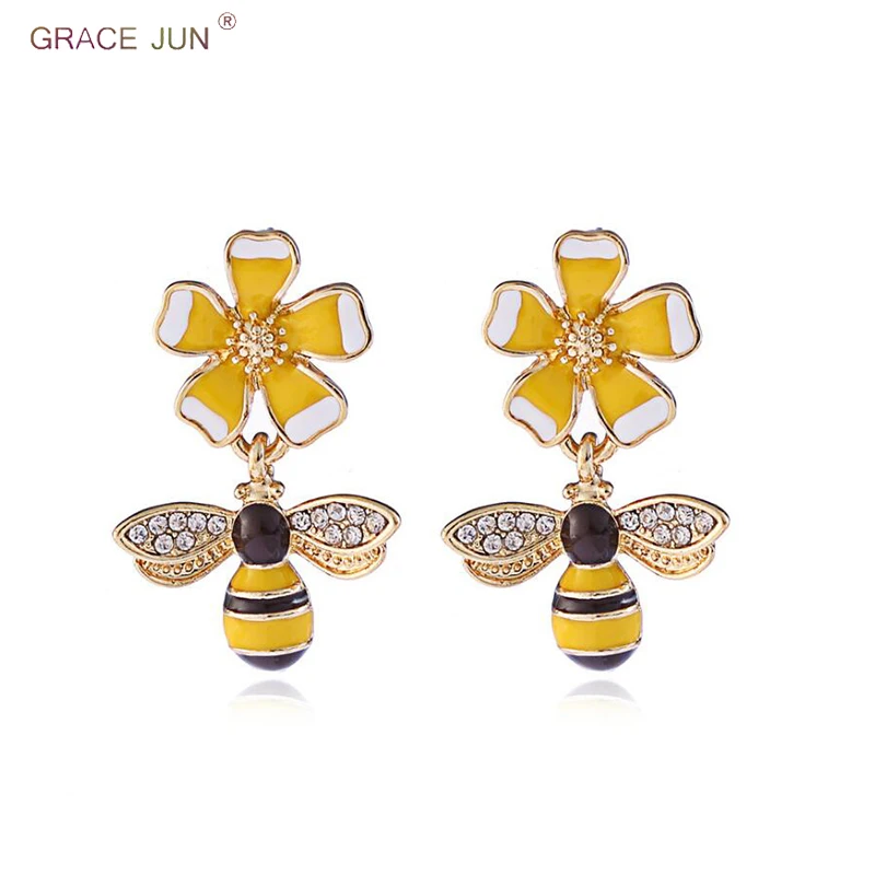 

GRACE JUN New Arrival Enamel Bee Flower Shape Clip on Earrings and Drop Pierced Earrings for Women Fashion Charm Earrings 2018