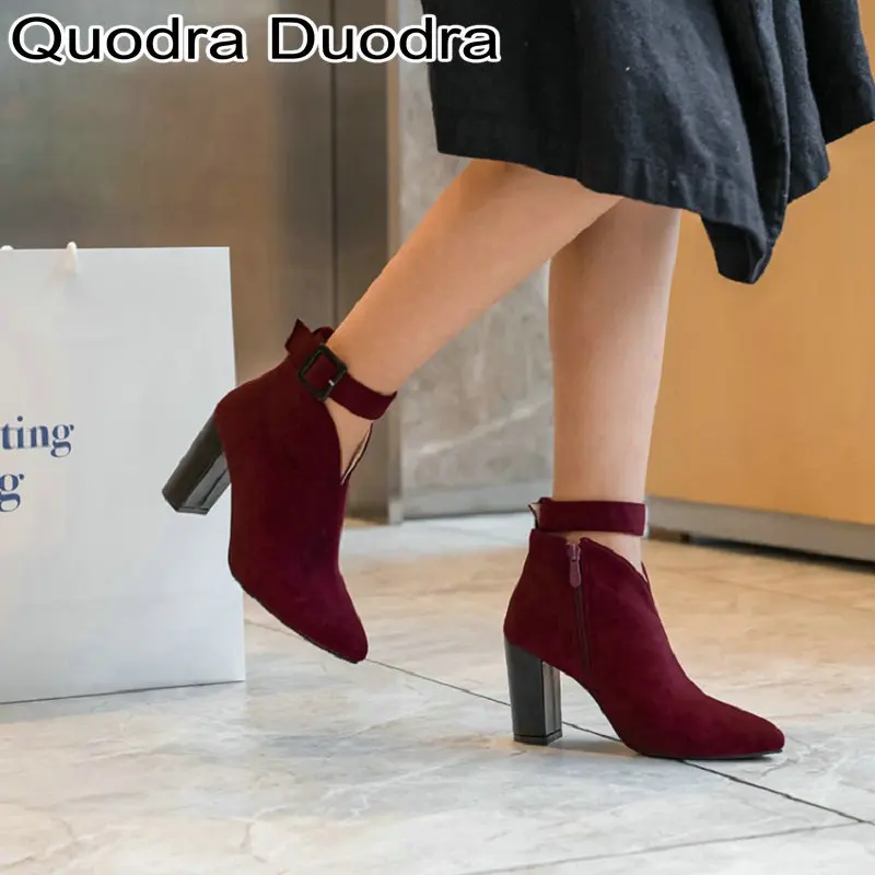 

new Women Winter Autumn Ankle Boots Square High Heels Shoes Flock Pointed Toe Buckle Casual Ladies V cut size 33-46 43 fashion