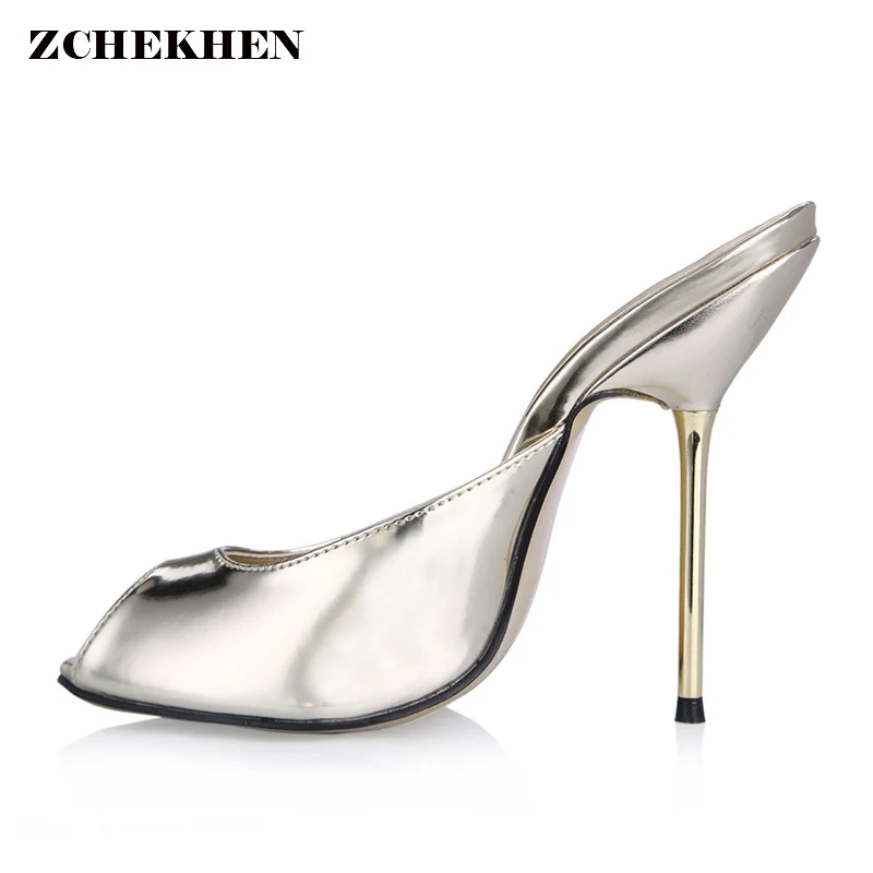 

Sexy metal high heel Mules pumps Shoes Woman peep toe Slingbacks Pumps Mirror leather gold high Heels Ladies Shoes 35-43