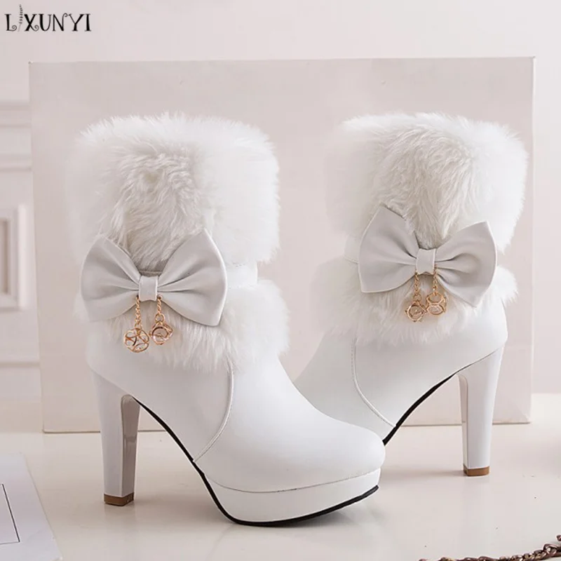 

LXUNYI Faux Fur Women Ankle Boots Fashion 2018 PU Leather Spike High Heels Zipper Platform Boots Female Shoes White Black Pink