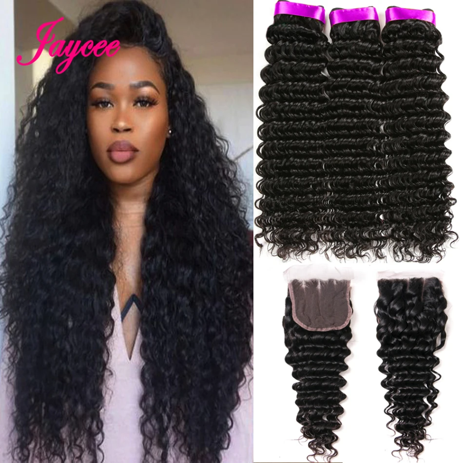 Jaycee Brazilian Deep Wave 3/4 Bundles With Closure Remy Human Hair Weave Bundles With Closure extenciones de pelo natural