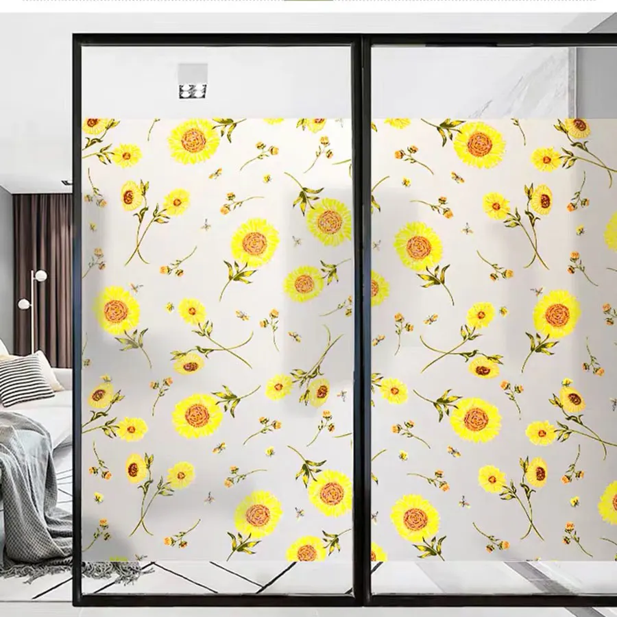 Stained Electrostatic Sun Flower Privacy Window Sticker Glass Film Frosted Opaque bathroom PVC Decorative Film Home Decor Decals
