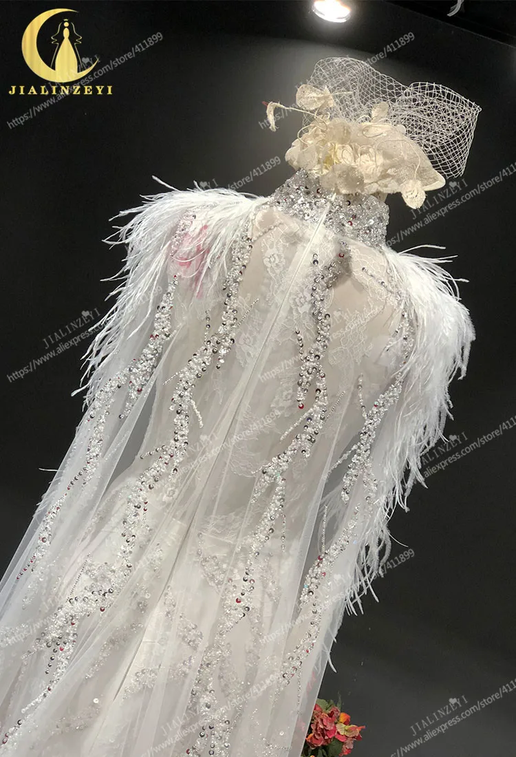 JIALINZEYI, сексуальное, Zuhair Murad, с высоким воротом, с бусинами, с перьями, Русалка, накидка, роскошное свадебное платье, свадебное платье