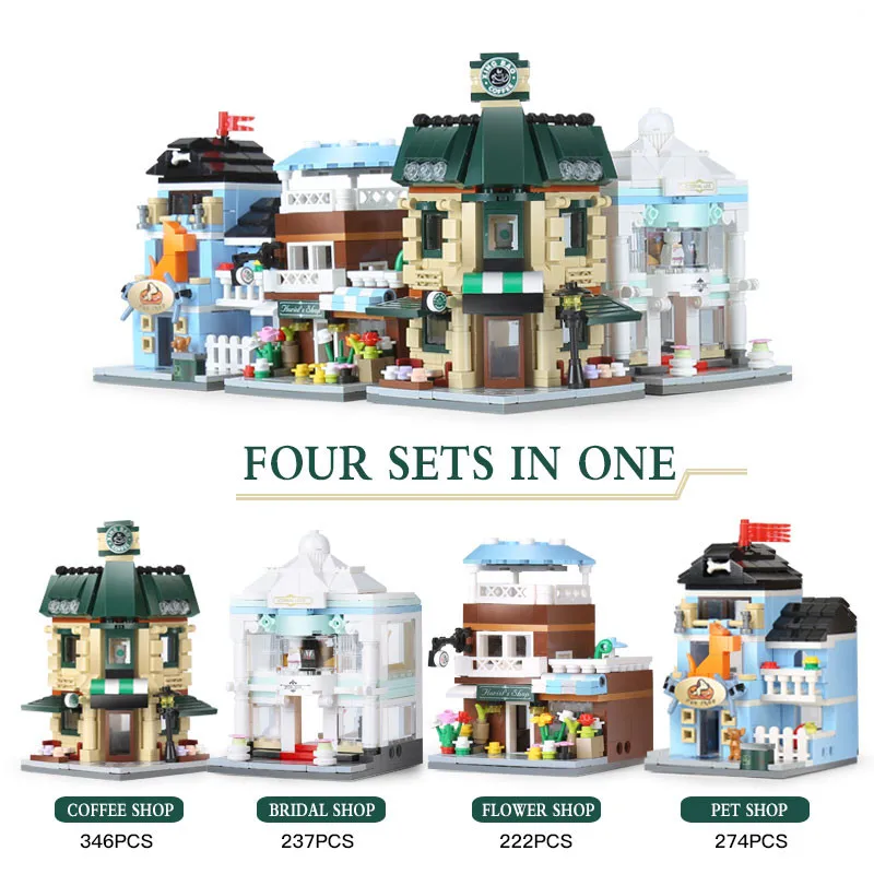 

XingBao 01105 The Coffee Shop Wedding Store Flower Shop Pet Shop Set 4 In 1 Building Blocks Bricks Toys DIY Children Model Gifts