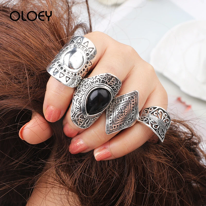 

OLOEY Vintage Punk Rings Set Fashion Women's 4Pcs/lot Finger Ring Party Female Knuckle Rings Crystals Retro Jewelry Gifts Ladies