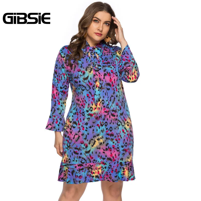 

GIBSIE Plus Size 6XL Bow Tie Neck Leopard Print Ruffle Dress 2019 Spring Office Lady Workwear Women Long Sleeve Elegant Dress