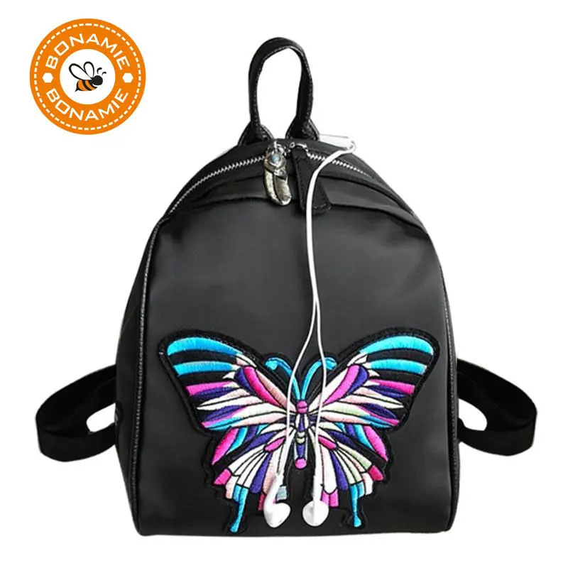 

BONAMIE Fashion Nylon Backpack Butterfly Flower Embroidery Woman Shoulder Bag girl Travel Backpacks Casual Floral Backbag Female