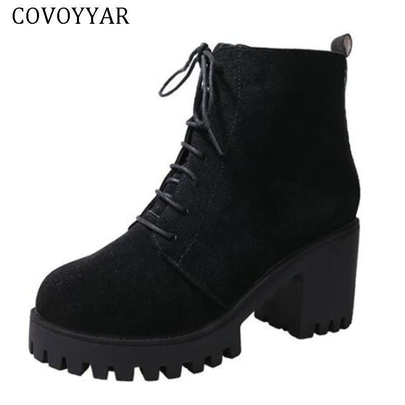 

COVOYYAR 2018 Platform Women Ankle Boots Flock Lace Up Booties Block High Heel Ladies Boots Autumn Winter Women Shoes WBS476