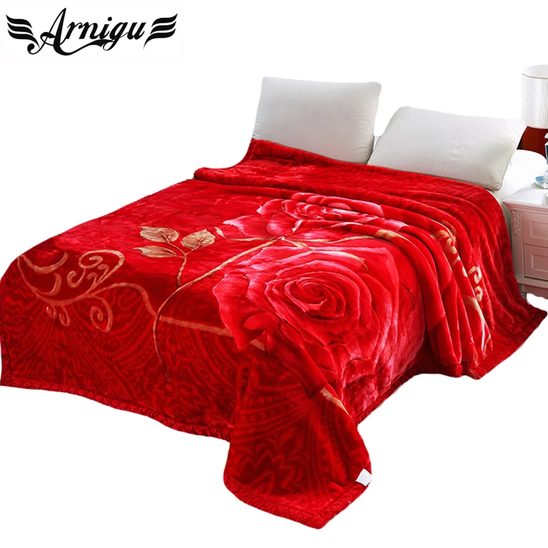 ARNIGU Rose Flower Thick Blankets Double Queen size thicken Raschel Red