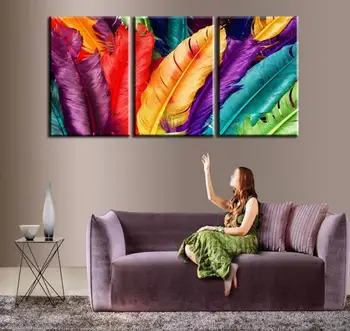 

3 Piece Home Decoration Modern Canvas Wall Art Colored Feathers Oil Painting Picture Print On Canvas For Bedroom No Frame