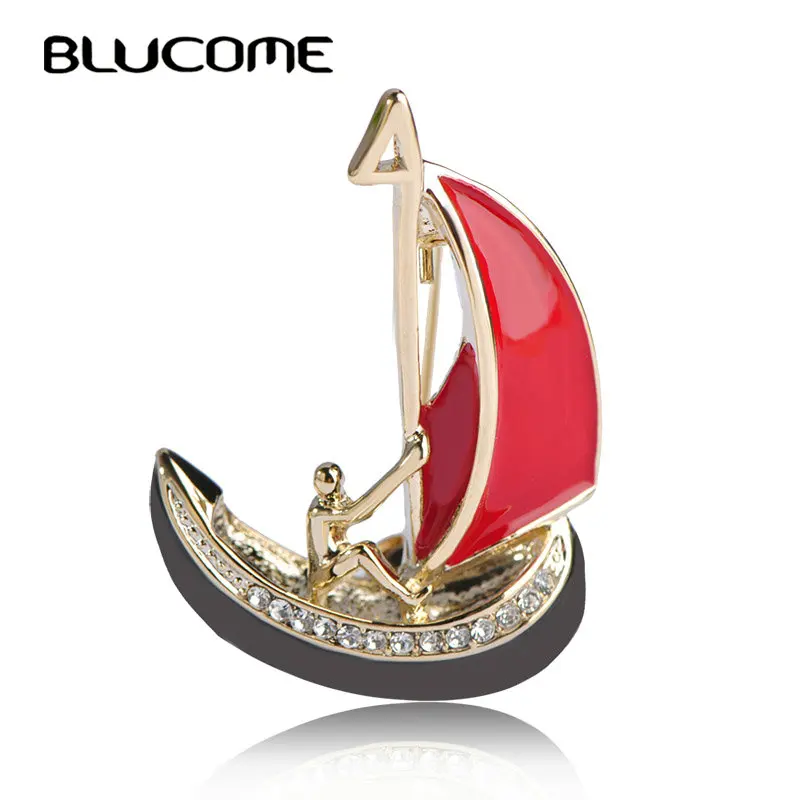 Blucome New Style Red Enamel Brooches Men Boat Sail Shape Brooch For Clothes Accessories Gold-color Corsage Pins Sweater Clips