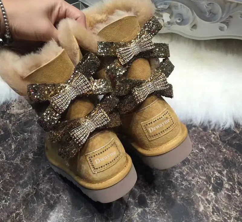 2018 Brand High Quality Women Winter Warm Genuine sheep Leather real fur boot Australia boot Two diamond Bowknots Boots 33-44 2018 Brand High Quality Women Winter Warm Genuine sheep Leather real fur boot Australia boot Two diamond Bowknots Boots 33-44