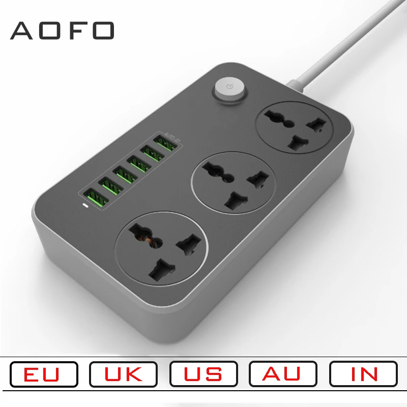 Дешево Блок питания с 3 разъемами и 6 usb портами Универсальный EU AU US UK в розетке сетевой фильтр зарядная станция 6.5ft шнур питания