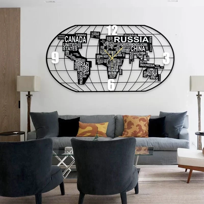 

3D Big Wall Clock Modern Design World Map Decorative Wall Watches Wall Sticker Decor Living Room Wrought Iron Silent Large Clock