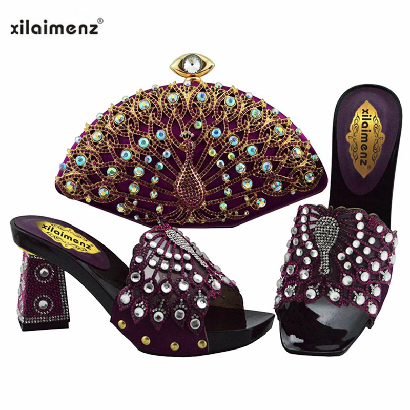 

Peacock Design High Quality Shoes and Bag Set Decorate with Rhinestone 9 CM Super High in Purple Color Strange Style Slipper