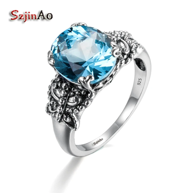 

Szjinao 2017 Classic Gypsy Solid 925 Sterling Silver Ring Aquamarine Wedding Jewelry Rings For Women Crown Ring Wedding Bands