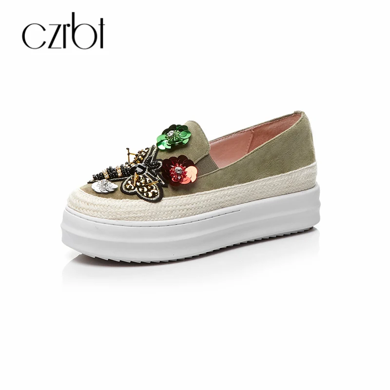 

CZRBT 2018 Spring Autumn Women Flat Platform Shoes Kid Suede Handmade Appliques Slip-On Round Toe Shoes Casual Women Shoes