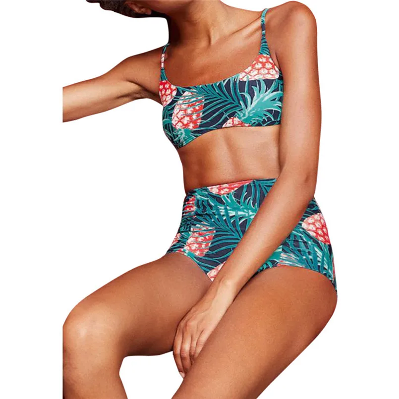 

Ladies split green with pineapple print Push-Up Padded Bra off-shoulder backless swimsuit bathing suit Beachwear 40mr02
