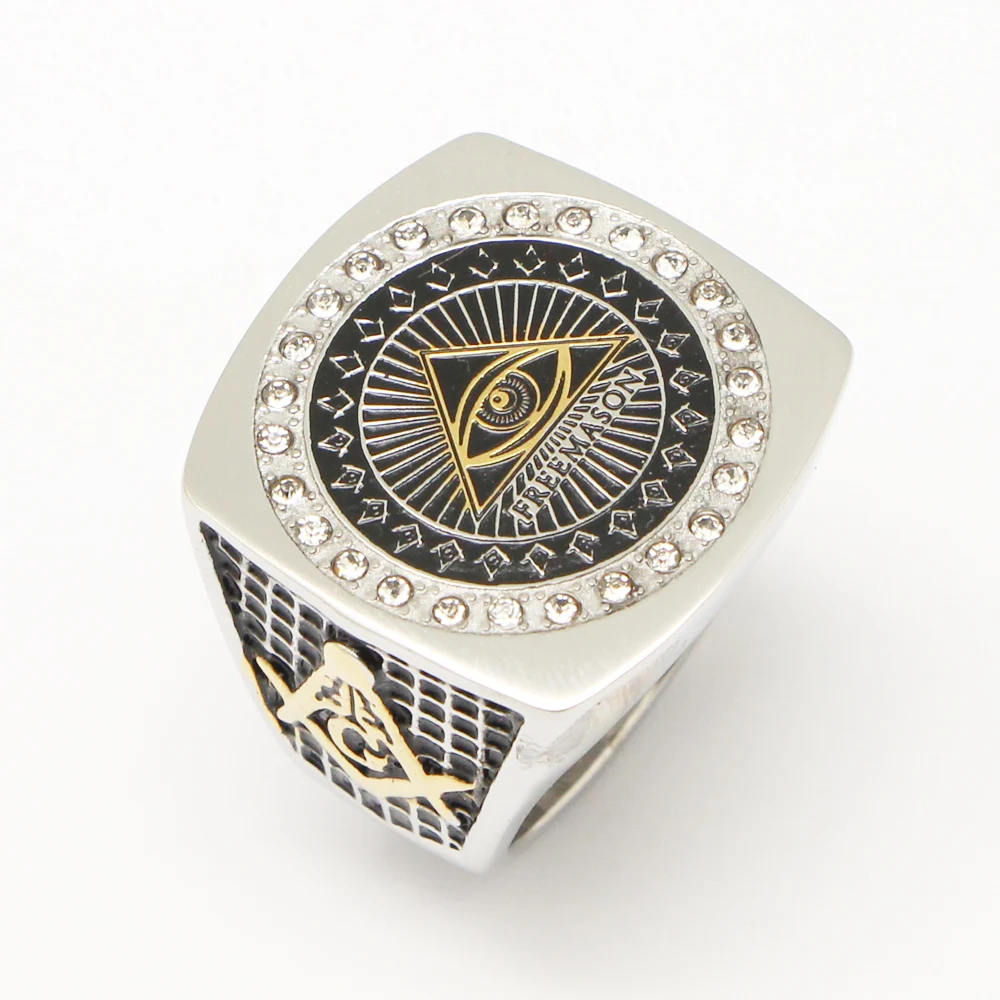 

Stainless Steel Men's Gold Silver Two Tone Color Full Metal Eye of Horus Pyramid Ring Freemason Illuminati Jewelry