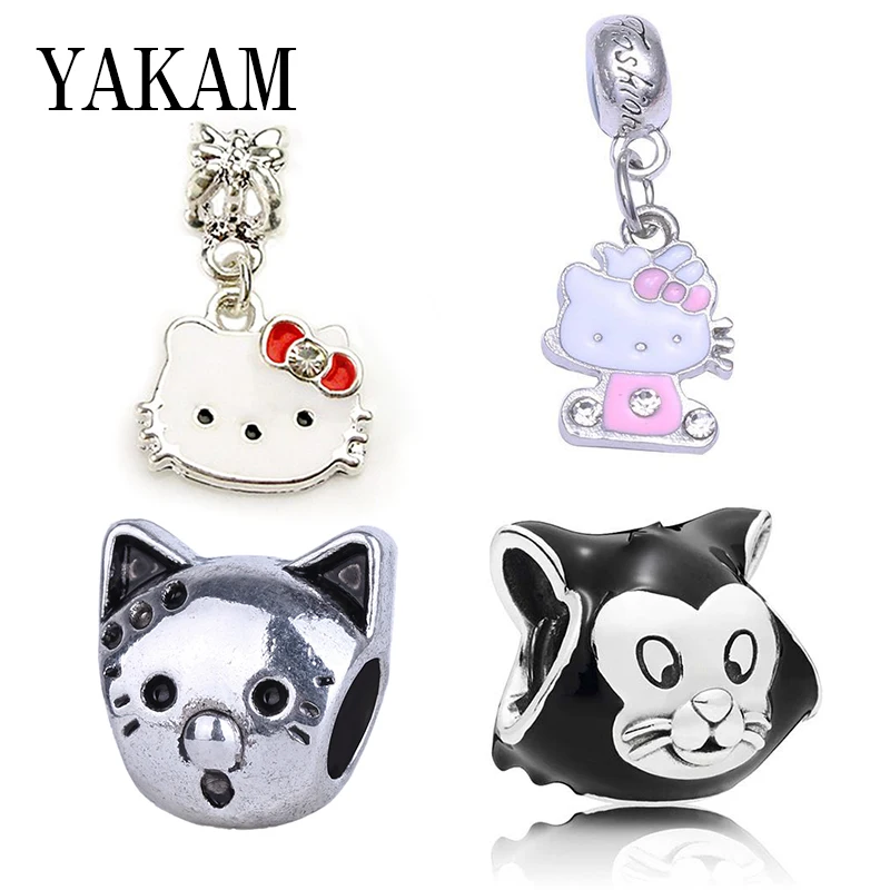 

Fit Original Pandora Charms Bracelet Pulseira Cute Pink White Red Enamel Kitty Dangle Disny Black Figaro Cat Beads Women Pendant