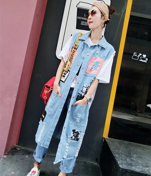 Fashion Spring and Autumn Street Print Hole jean jacket Vest Women