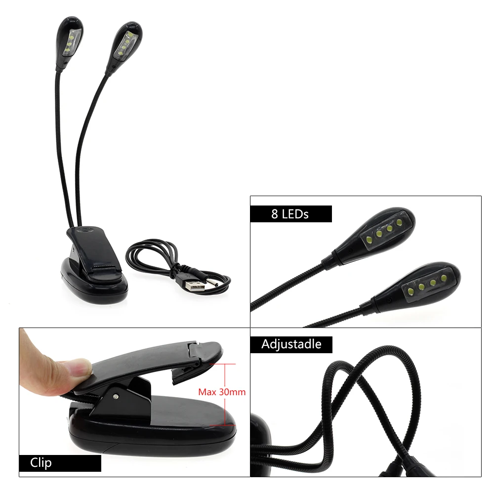 Регулируемый USB светодиодный светильник для книг 8 светодиодный s клип-на две руки лампа для чтения для музыкальной подставки и чтения книг Гибкая изогнутая настольная лампа