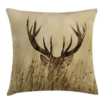 

Antler Pillow Cover Whitetail Deer Fawn Wilderness Countryside Rural Hunting Theme Square Accent Pillow Case Brown Sand Brown