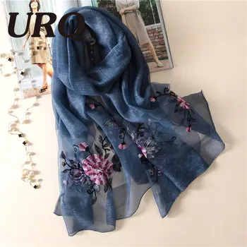 

50% Natural Silk Scarf 50% wool Blend Scarf for women spring big foulard Embroidered Chinese style soft bright design 5064