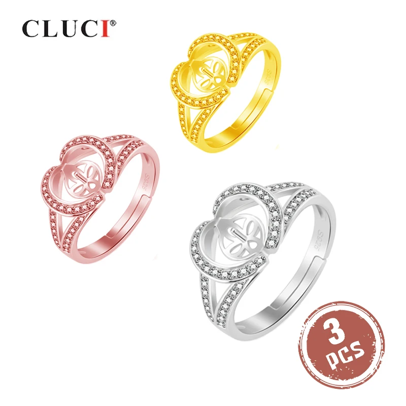 

CLUCI 3 шт 925 пробы Серебряное розовое золото кольцо для женщин серебро 925 жемчужное кольцо Крепление Регулируемый цветок циркон кольцо SR2167SB