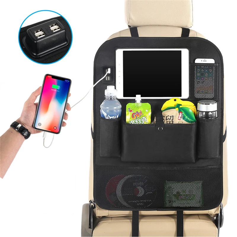 Kopen GSPSCN Kick Matten Autostoel Terug Protectors, Opslag Zakken Rugleuning Organizer met 4 USB Lader voor Opbergen Opruimen