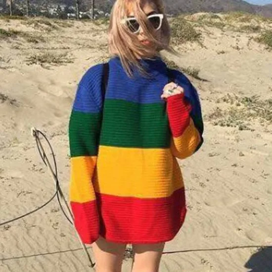 

Casual Sweater Jumper Pollover Knit O Neck Long Sleeve Loose Striped for Women One Size Rainbow Color Autumn New Arrival Fashion